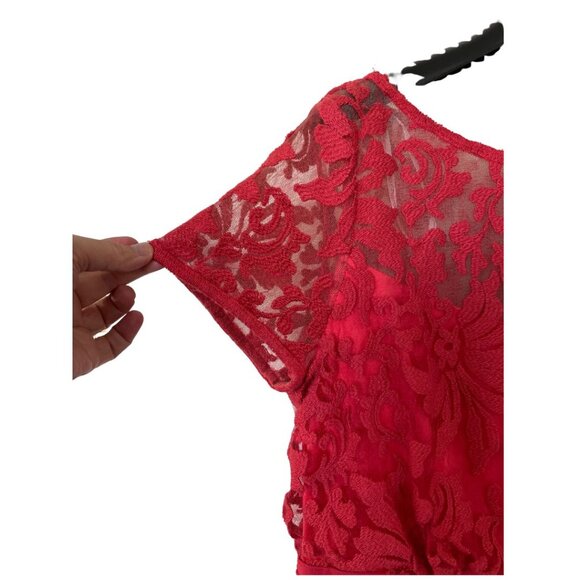 Tadashi Shoji Red Blouson Waist Sheer Embroidered Lace Dress Sz 12 Holiday - Picture 7 of 13